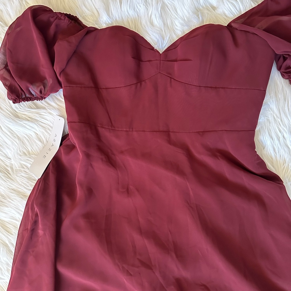 Azazie Baby Cabernet Midi Bridesmaid Dress Puff Sleeves Sweetheart Neck Size 6 - Picture 10 of 11